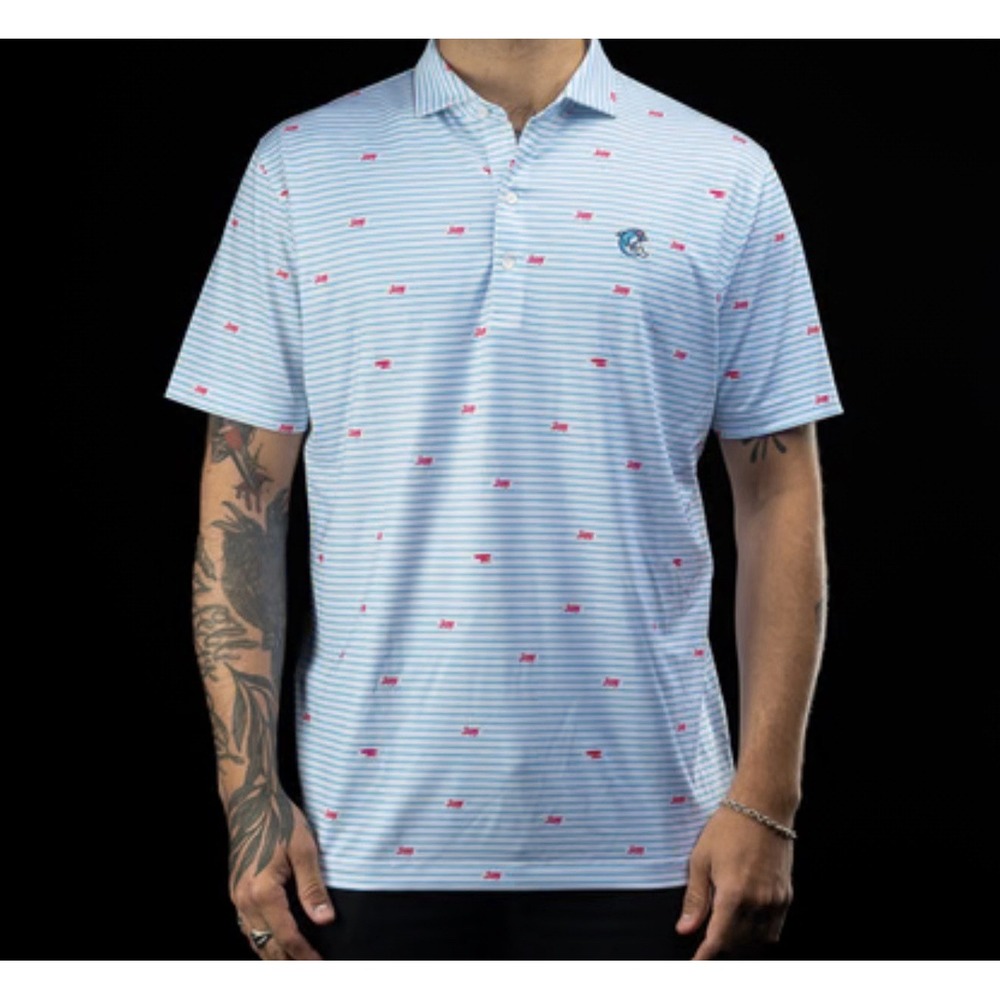 Johnnie-O Swag Golf FLIPPER Sz S Wavefinder Polo Shirt Blue White Stripe UPF 50